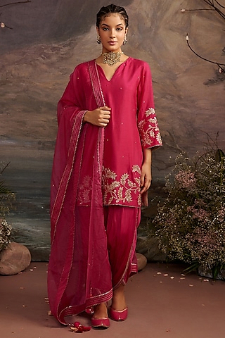 Rani Pink Dupion Silk Dhoti Set by Ajiesh Oberoi