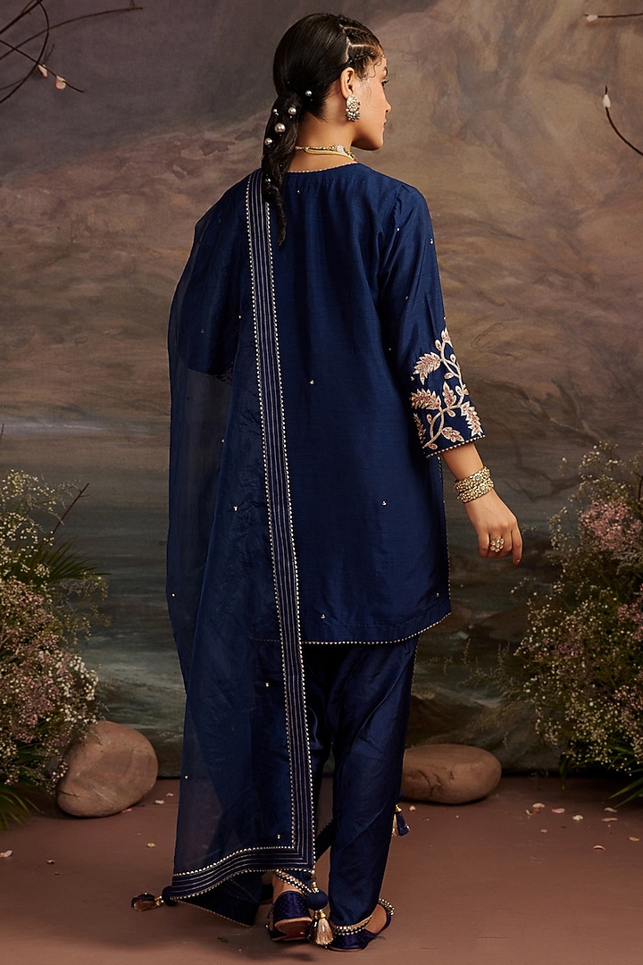 Navy Blue Dupion Silk Dhoti Set by Ajiesh Oberoi at Pernia's Pop Up Shop