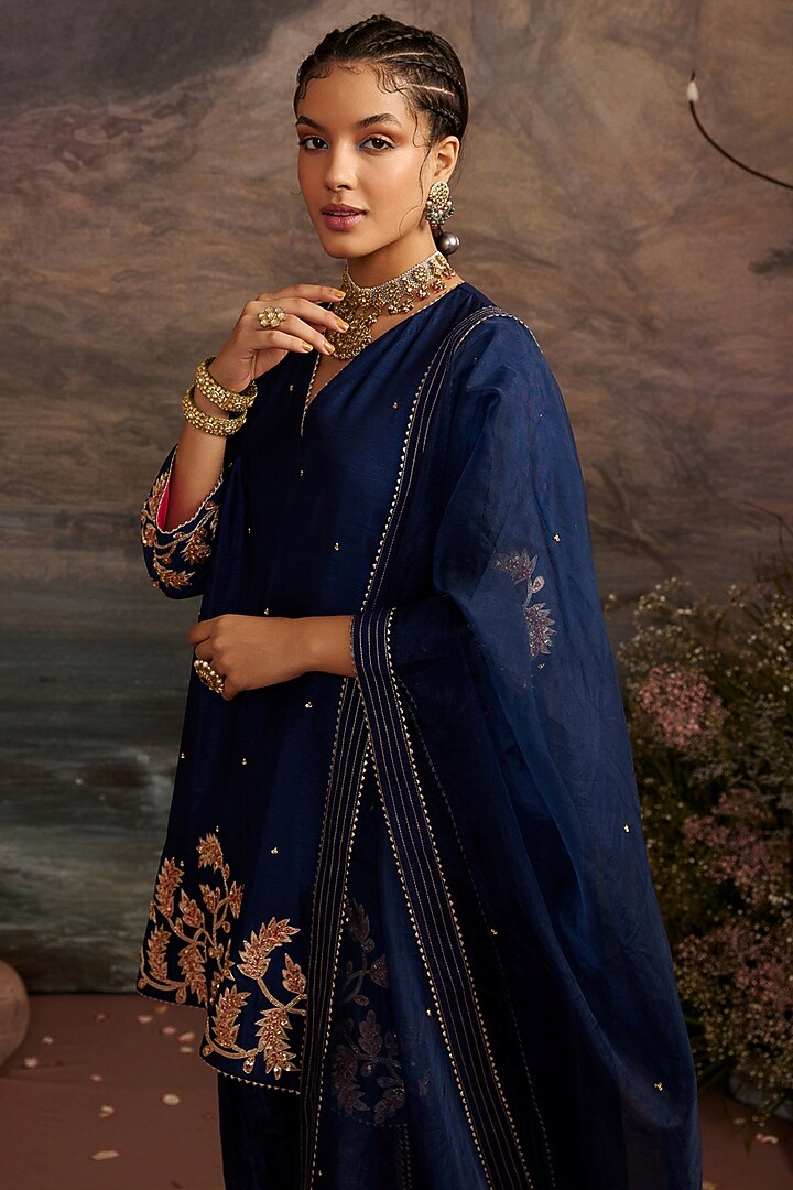 Navy Blue Dupion Silk Dhoti Set by Ajiesh Oberoi at Pernia's Pop Up Shop