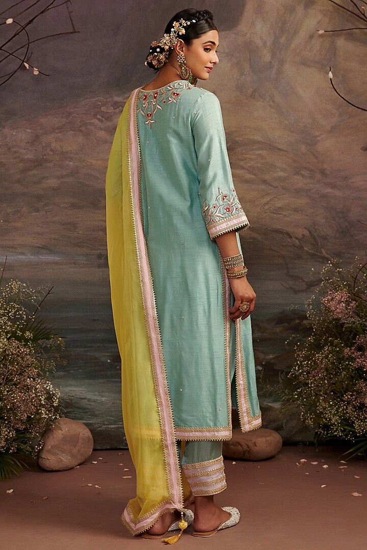 Sea Green Dupion Silk Embroidered Kurta Set by Ajiesh Oberoi at Pernia's Pop Up Shop