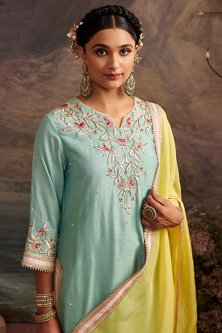 Sea Green Dupion Silk Embroidered Kurta Set by Ajiesh Oberoi at Pernia's Pop Up Shop