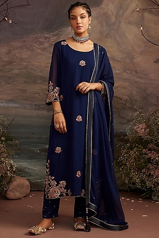 Navy Blue Georgette Kurta Set by Ajiesh Oberoi