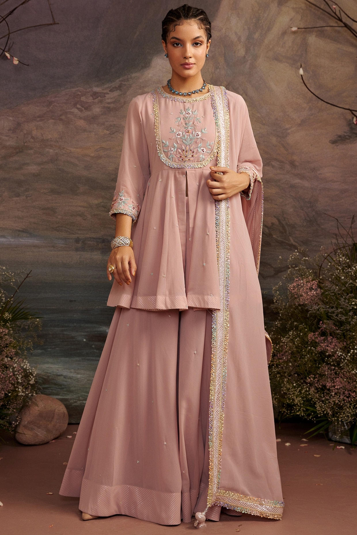 Old Rose Pink Georgette Sharara Set by Ajiesh Oberoi at Pernia s Pop Up Shop