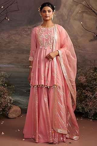 Rose Pink Cotton Silk Sharara Set by Ajiesh Oberoi