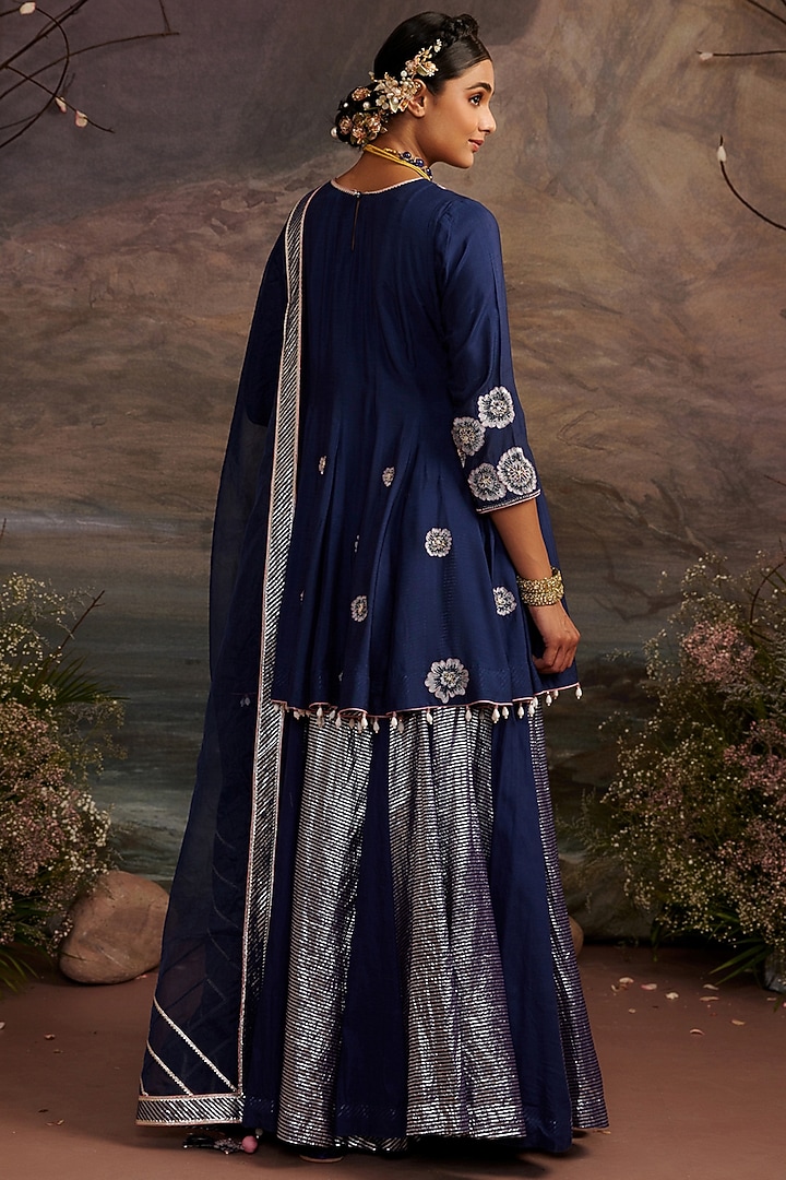 Navy Blue Cotton SIlk Wedding Sharara Set by Ajiesh Oberoi at Pernia's Pop Up Shop