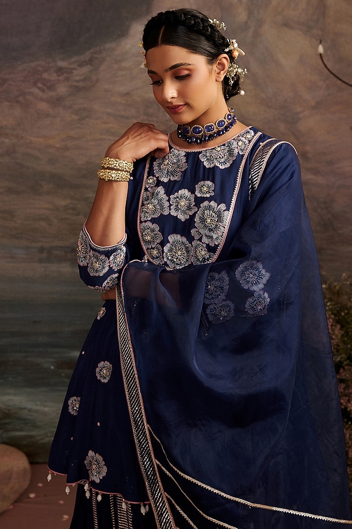 Navy Blue Cotton SIlk Wedding Sharara Set by Ajiesh Oberoi at Pernia's Pop Up Shop