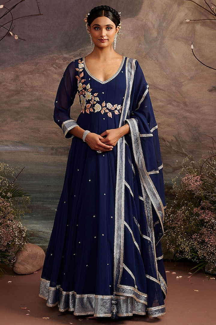 Navy Blue Embroidered Anarkali Set by Ajiesh Oberoi