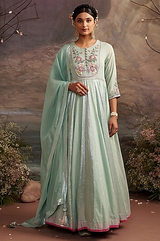 Sea Green Embroidered Anarkali Set by Ajiesh Oberoi