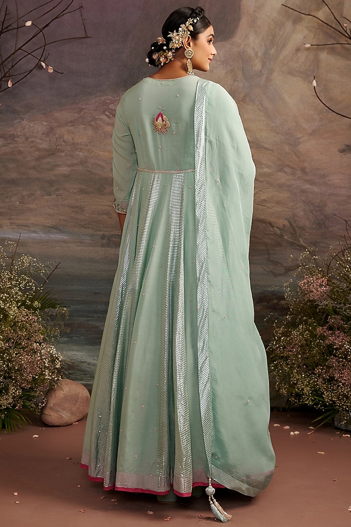 Sea Green Embroidered Wedding Anarkali Set by Ajiesh Oberoi at Pernia's Pop Up Shop