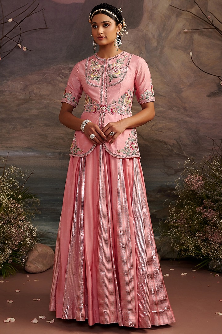 Rose Pink Dupion Silk Skirt Set by Ajiesh Oberoi at Pernia's Pop Up Shop