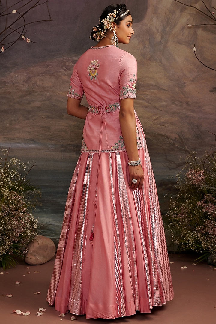 Rose Pink Dupion Silk Skirt Set by Ajiesh Oberoi at Pernia's Pop Up Shop