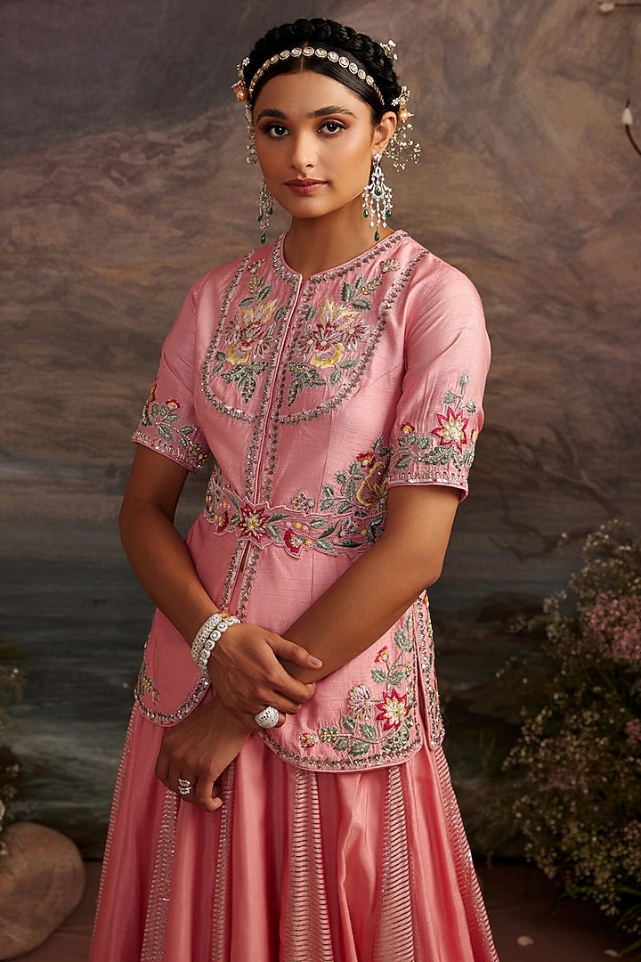 Rose Pink Dupion Silk Skirt Set by Ajiesh Oberoi at Pernia's Pop Up Shop