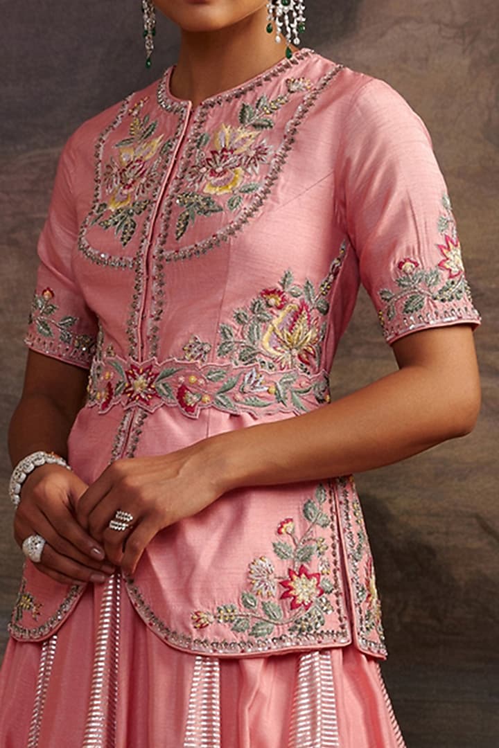 Rose Pink Dupion Silk Skirt Set by Ajiesh Oberoi at Pernia's Pop Up Shop