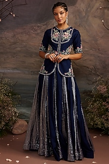Navy Blue Dupion Silk Skirt Set by Ajiesh Oberoi-TROUSSEAU