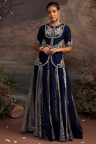 Navy Blue Dupion Silk Skirt Set by Ajiesh Oberoi
