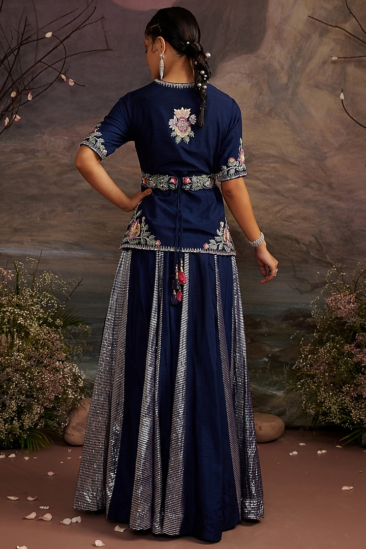 Navy Blue Dupion Silk Skirt Set by Ajiesh Oberoi at Pernia's Pop Up Shop