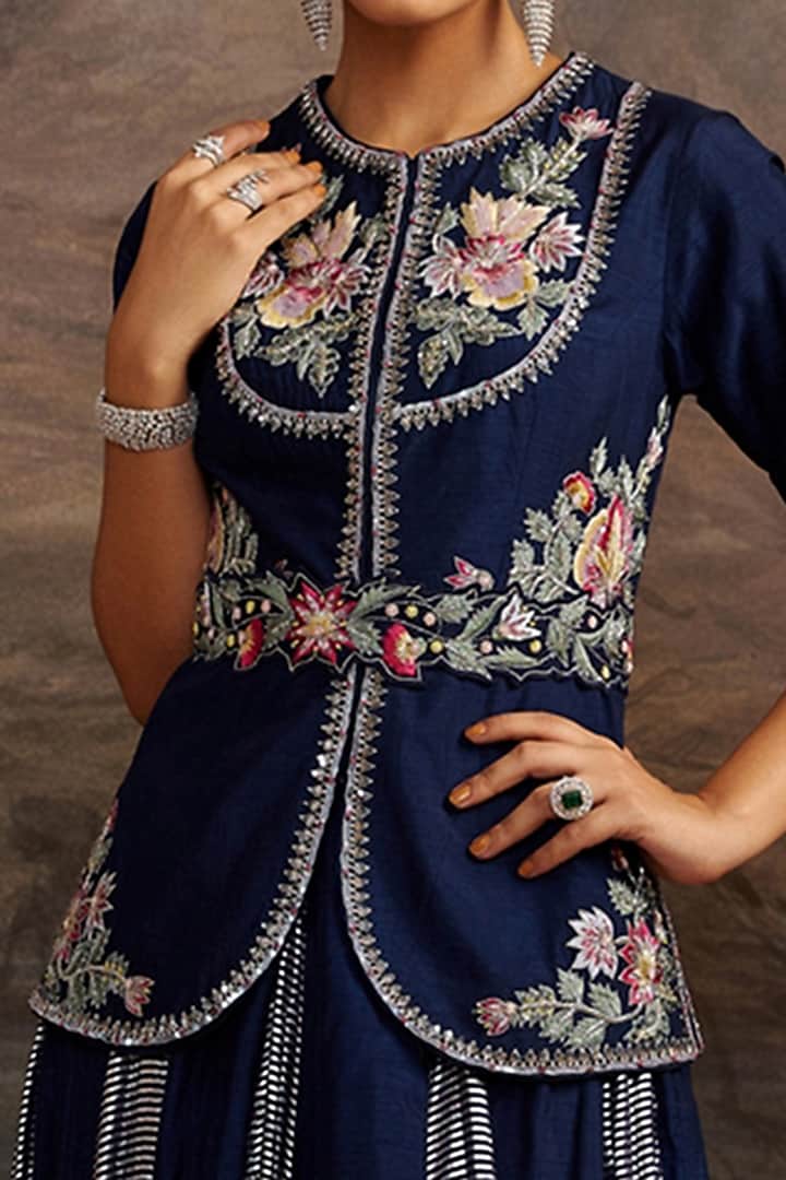 Navy Blue Dupion Silk Skirt Set by Ajiesh Oberoi at Pernia's Pop Up Shop