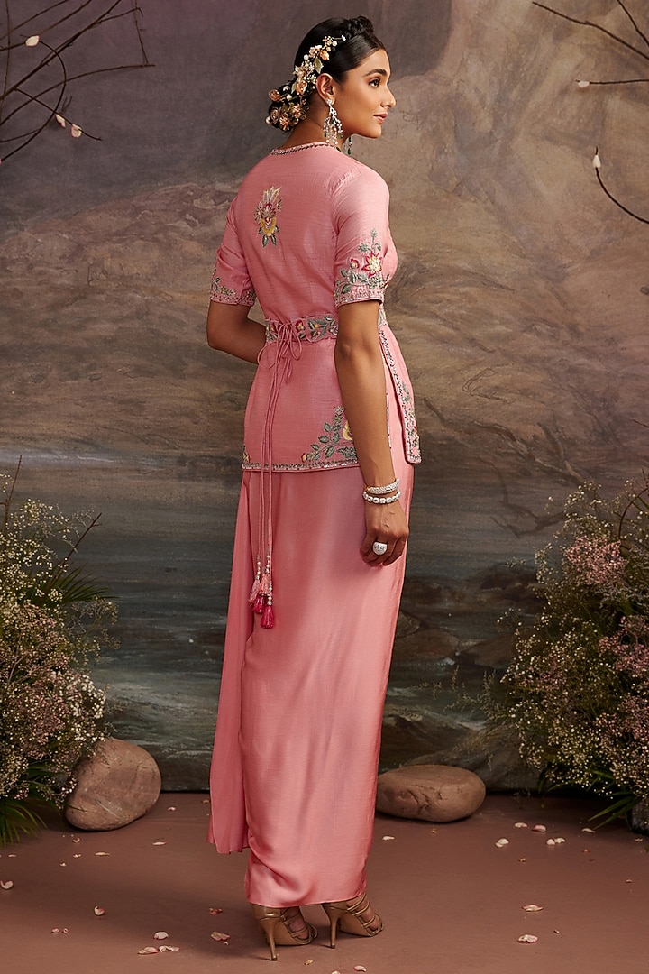 Rose Pink Modal Satin Silk Skirt Set by Ajiesh Oberoi at Pernia's Pop Up Shop