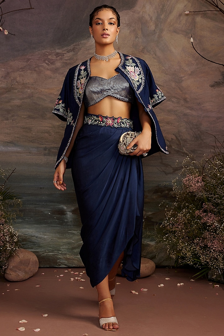 Navy Blue Modal Satin Silk Skirt Set by Ajiesh Oberoi