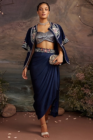 Navy Blue Modal Satin Silk Skirt Set by Ajiesh Oberoi