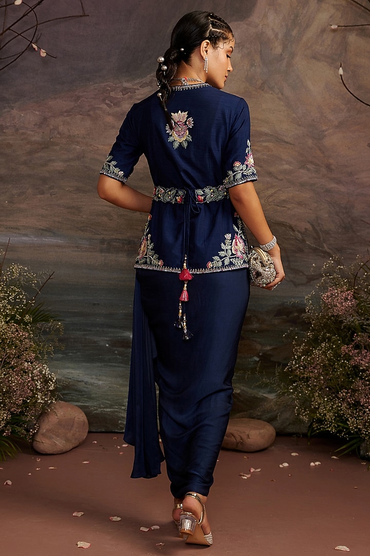 Navy Blue Modal Satin Silk Skirt Set by Ajiesh Oberoi at Pernia's Pop Up Shop