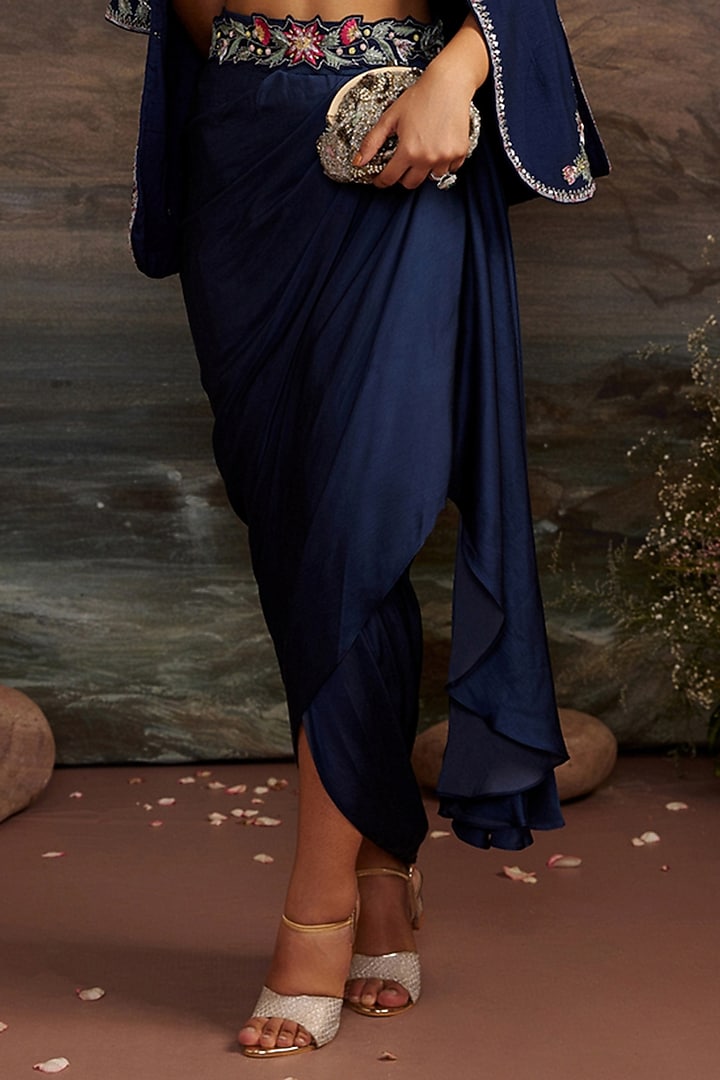 Navy Blue Modal Satin Silk Skirt Set by Ajiesh Oberoi at Pernia's Pop Up Shop