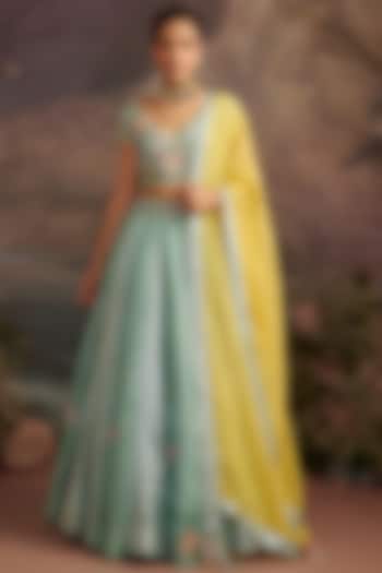 Sea Green Embroidered Wedding Lehenga Set by Ajiesh Oberoi at Pernia's Pop Up Shop