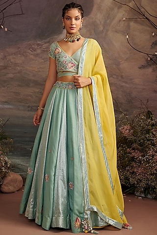 Sea Green Embroidered Lehenga Set by Ajiesh Oberoi