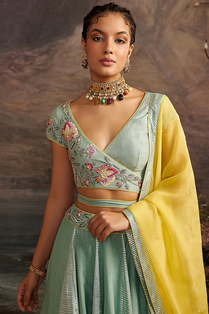 Sea Green Embroidered Wedding Lehenga Set by Ajiesh Oberoi at Pernia's Pop Up Shop