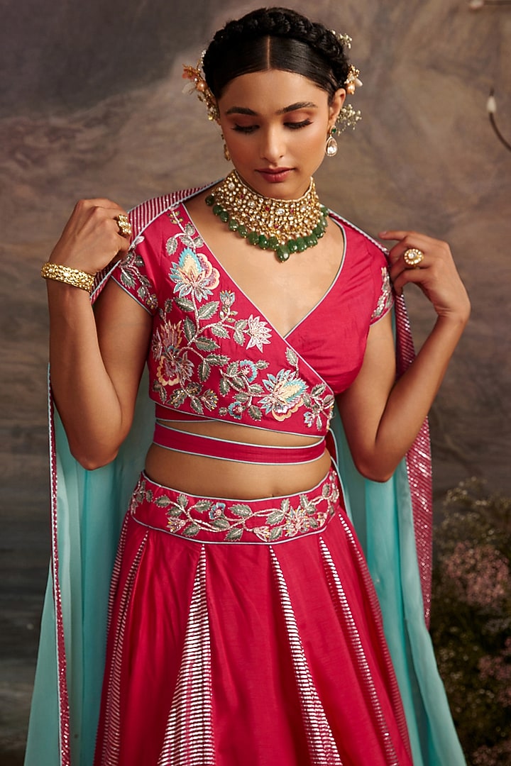 Rani Pink Embroidered Wedding Lehenga Set by Ajiesh Oberoi at Pernia's Pop Up Shop