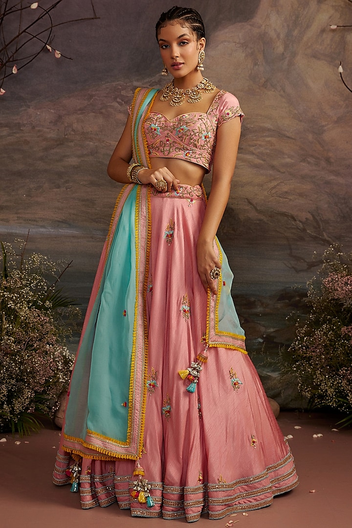 Rose Pink Dupion Silk Embroidered Lehenga Set by Ajiesh Oberoi