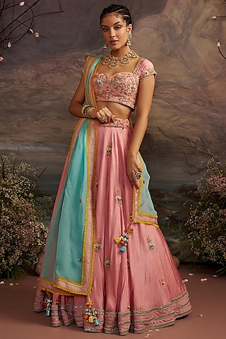 Rose Pink Dupion Silk Embroidered Lehenga Set by Ajiesh Oberoi
