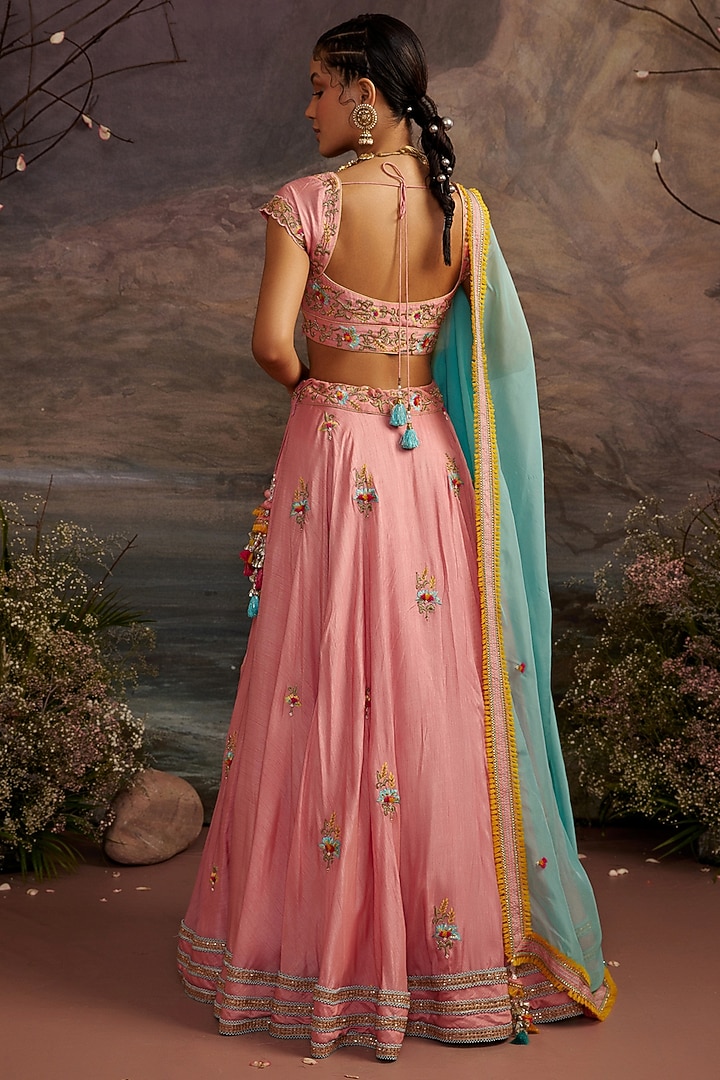 Rose Pink Dupion Silk Embroidered Wedding Lehenga Set by Ajiesh Oberoi at Pernia's Pop Up Shop