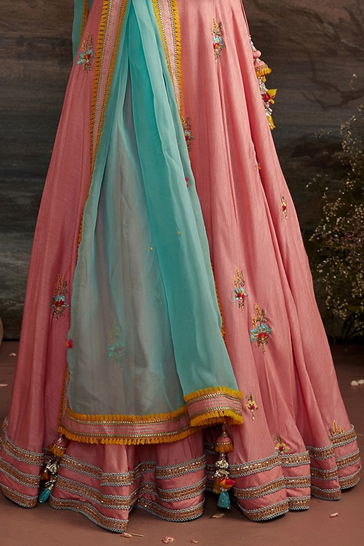 Rose Pink Dupion Silk Embroidered Wedding Lehenga Set by Ajiesh Oberoi at Pernia's Pop Up Shop