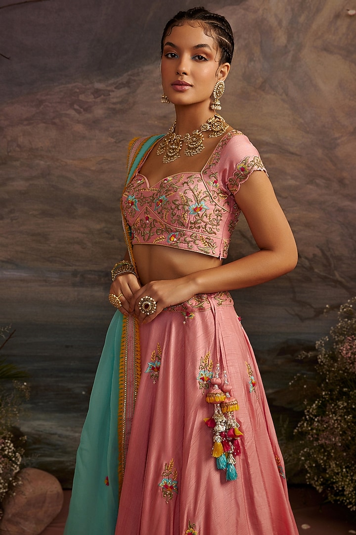 Rose Pink Dupion Silk Embroidered Wedding Lehenga Set by Ajiesh Oberoi at Pernia's Pop Up Shop