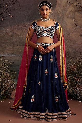 Navy Blue Dupion Silk Embroidered Lehenga Set by Ajiesh Oberoi