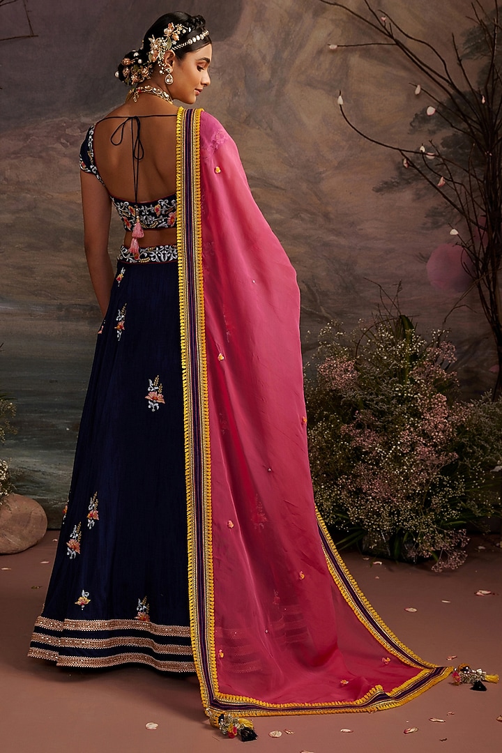 Navy Blue Dupion Silk Embroidered Wedding Lehenga Set by Ajiesh Oberoi at Pernia's Pop Up Shop