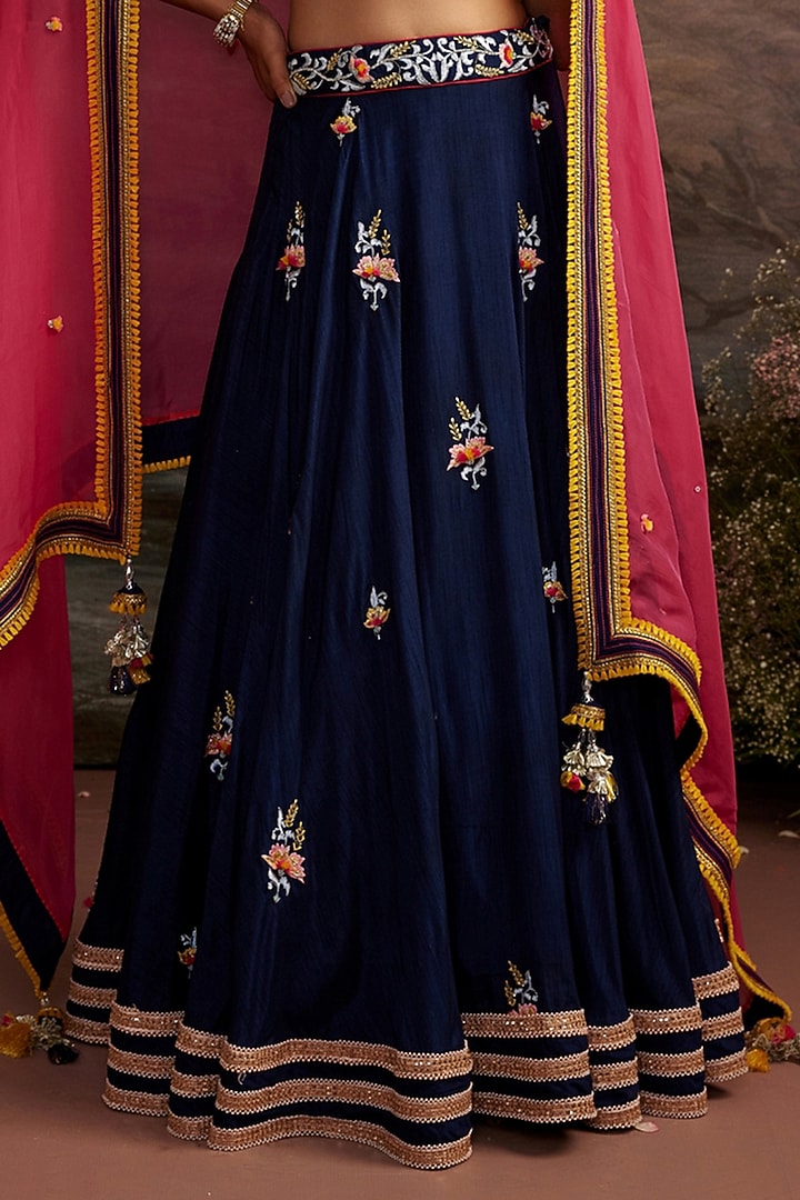 Navy Blue Dupion Silk Embroidered Wedding Lehenga Set by Ajiesh Oberoi at Pernia's Pop Up Shop