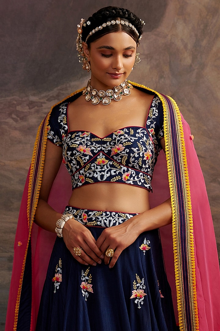 Navy Blue Dupion Silk Embroidered Wedding Lehenga Set by Ajiesh Oberoi at Pernia's Pop Up Shop
