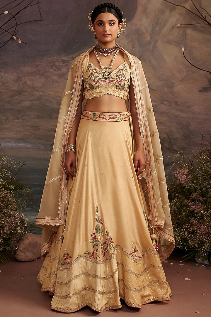 Honey Gold Dupion Silk Embroidered Wedding Lehenga Set by Ajiesh Oberoi at Pernia's Pop Up Shop