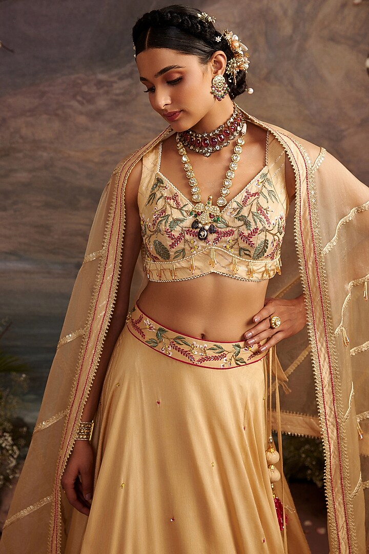 Honey Gold Dupion Silk Embroidered Wedding Lehenga Set by Ajiesh Oberoi at Pernia's Pop Up Shop