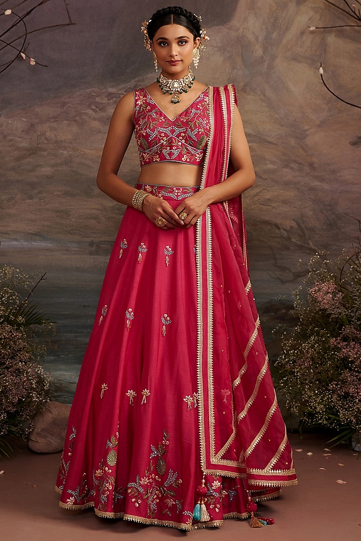 Rani Pink Dupion Silk Lehenga Set by Ajiesh Oberoi