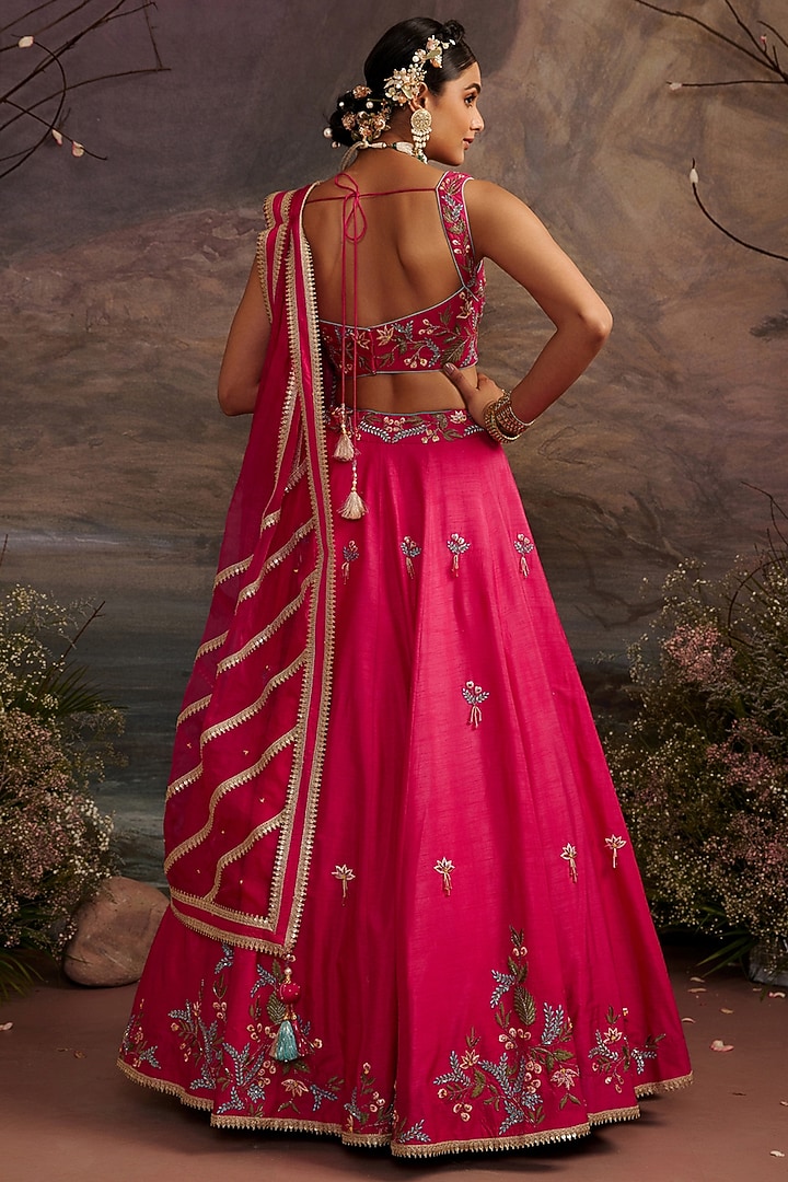 Rani Pink Dupion Silk Wedding Lehenga Set by Ajiesh Oberoi at Pernia's Pop Up Shop