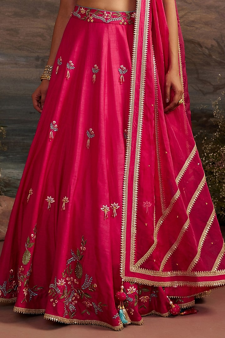 Rani Pink Dupion Silk Wedding Lehenga Set by Ajiesh Oberoi at Pernia's Pop Up Shop