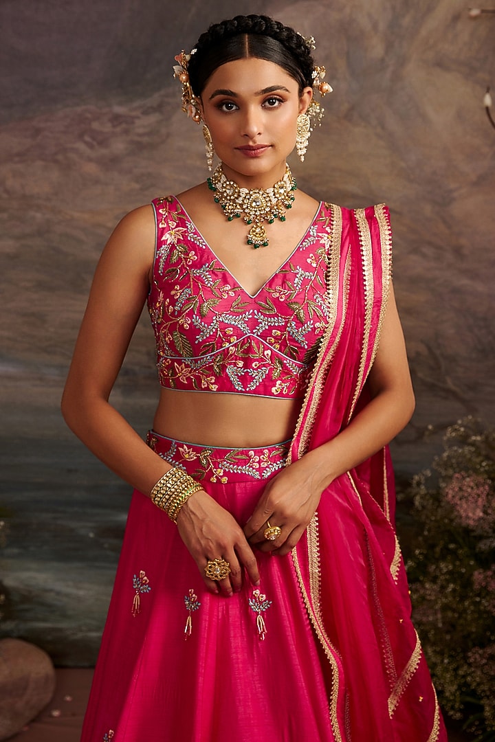 Rani Pink Dupion Silk Wedding Lehenga Set by Ajiesh Oberoi at Pernia's Pop Up Shop