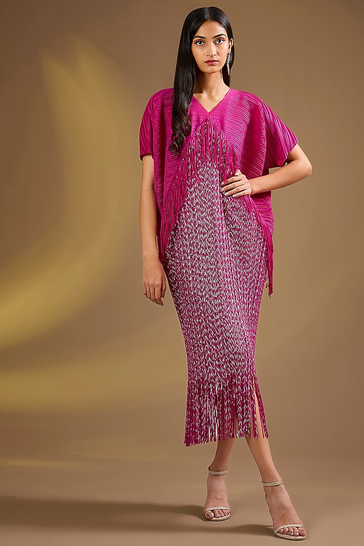 Pink Silk Blend Fringed Pleated Midi Vacation Dress by Ajiesh Oberoi at Pernia's Pop Up Shop