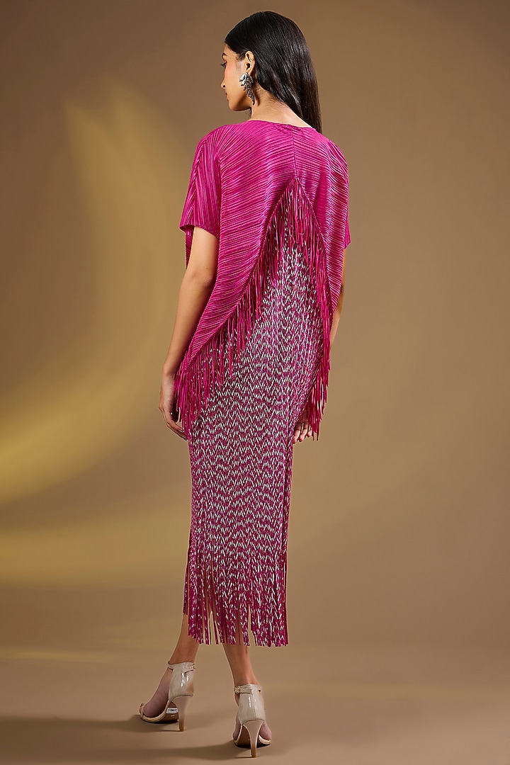 Pink Silk Blend Fringed Pleated Midi Vacation Dress by Ajiesh Oberoi at Pernia's Pop Up Shop
