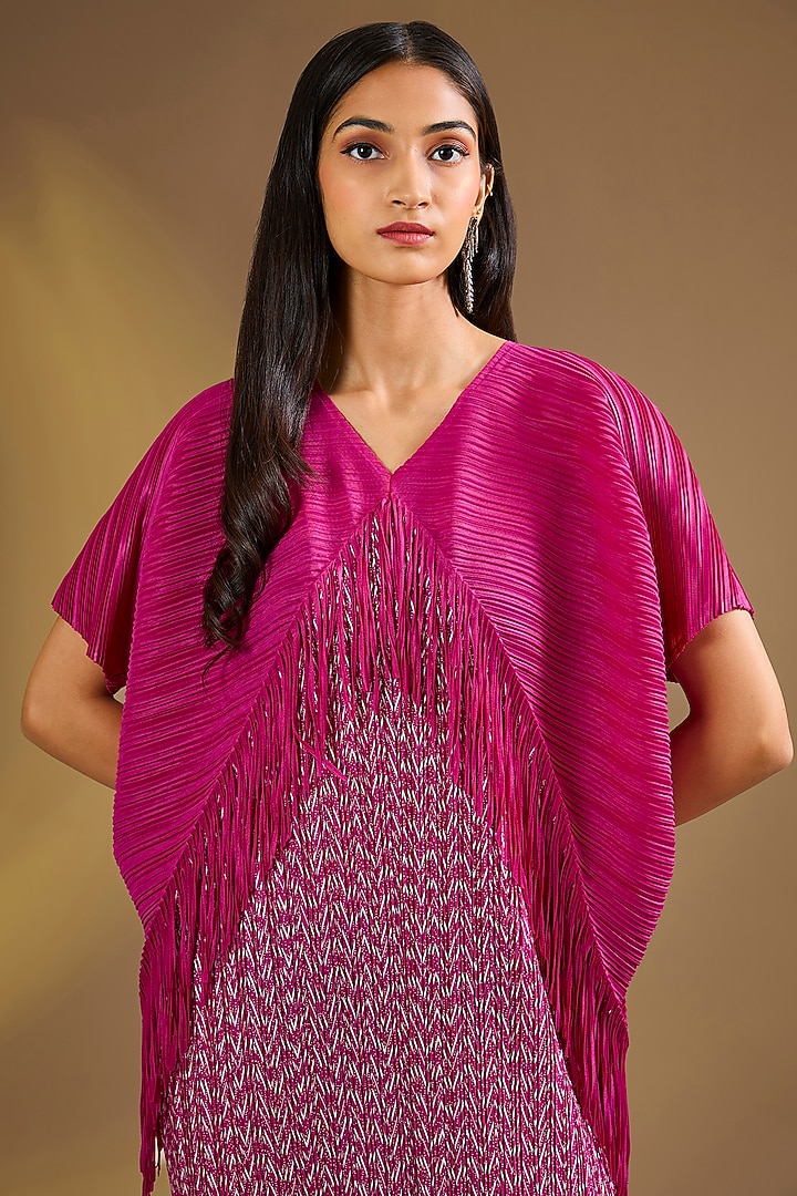 Pink Silk Blend Fringed Pleated Midi Vacation Dress by Ajiesh Oberoi at Pernia's Pop Up Shop