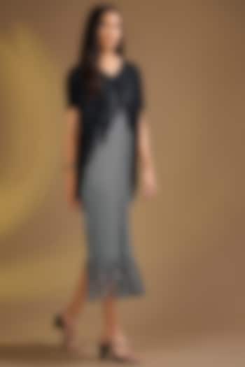 Black Silk Blend Fringed Pleated Midi Vacation Dress by Ajiesh Oberoi at Pernia's Pop Up Shop