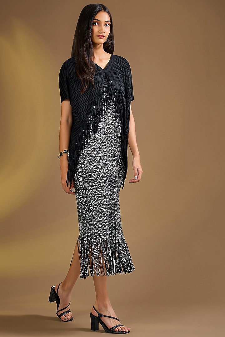 Black Silk Blend Fringed Pleated Midi Vacation Dress by Ajiesh Oberoi at Pernia's Pop Up Shop